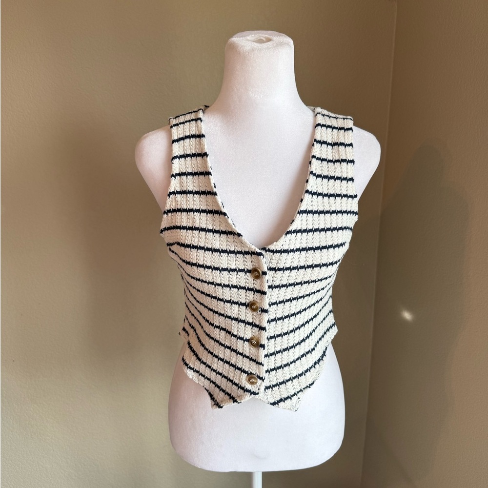 Pink Rose Black and White Striped Button Tank Top
